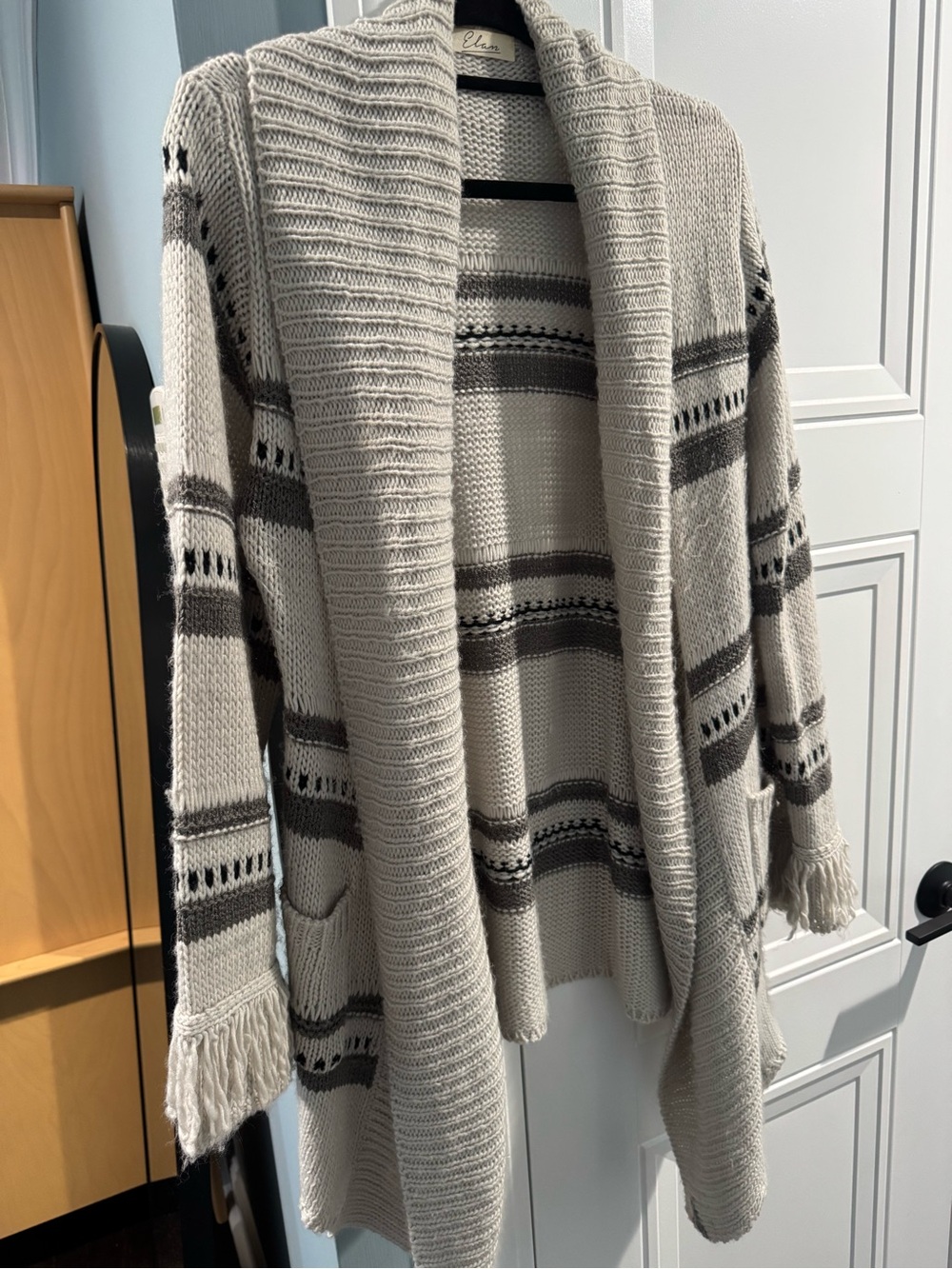 Elan Cream and Gray Striped Open-Front Knit Cardigan